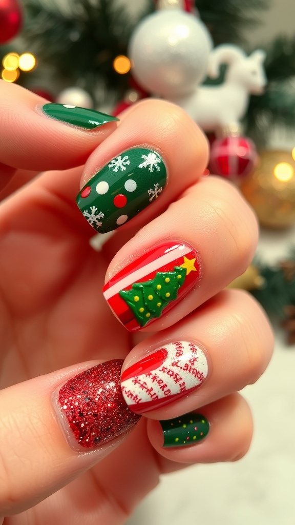 Festive Christmas Nail Art at Home Close-up of Christmas nail art with snowflakes, trees, and candy canes in holiday colors.